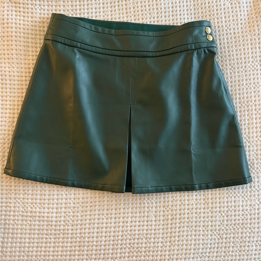 J. Crew Center Pleat Mini Skirt in Army Green Faux Leather - Picture 2 of 8